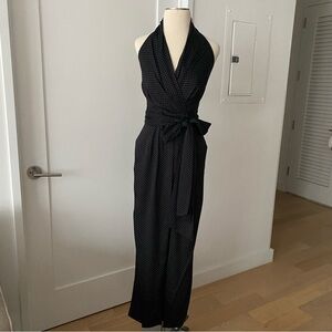DVF Diane von Furstenberg Black & White Polkadot Silk Halter Jumpsuit sz 0
